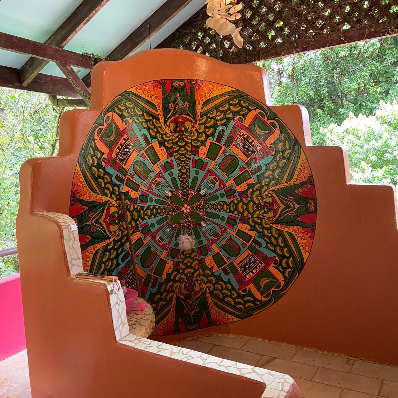 Photo of the complete Dragons Lair mural on the upstair shower wall of the private home in Puerto Viejo, Costa Rica.